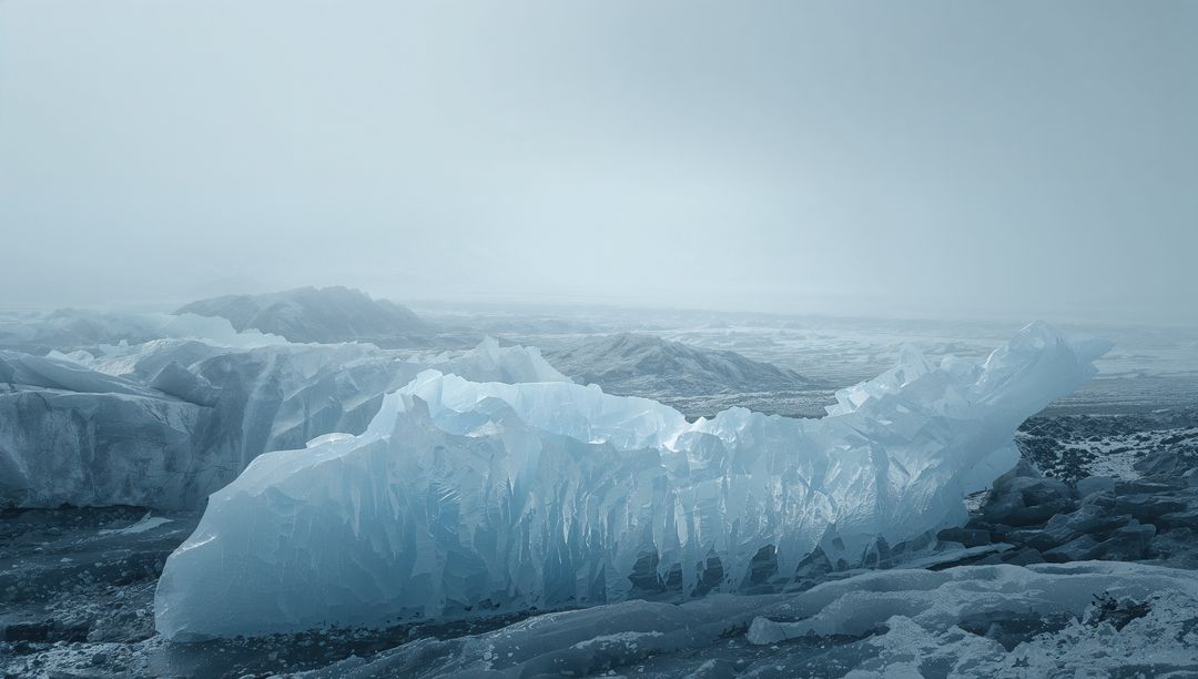 Jagged blue ice formation rising on glacial shoreline with translucent ridges and frost