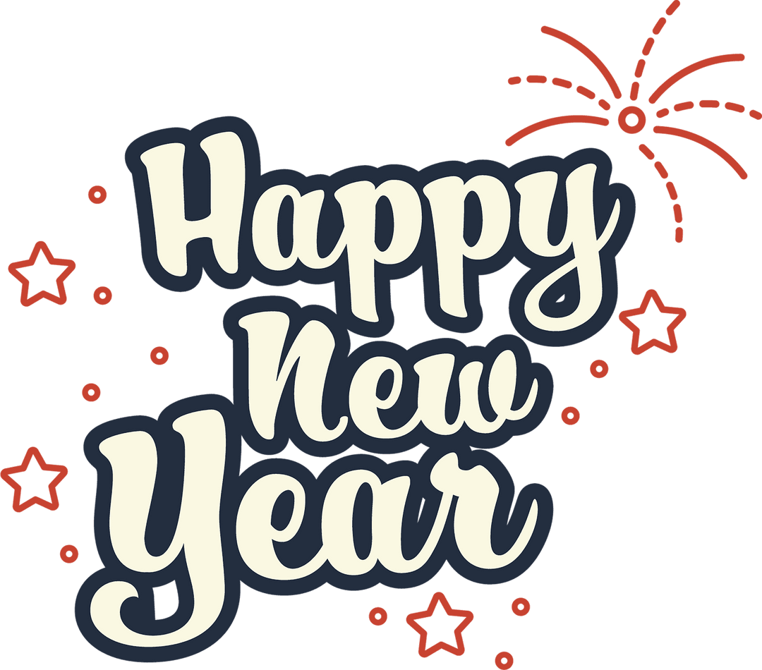 Stylized Happy New Year Text with Fireworks on Transparent Background