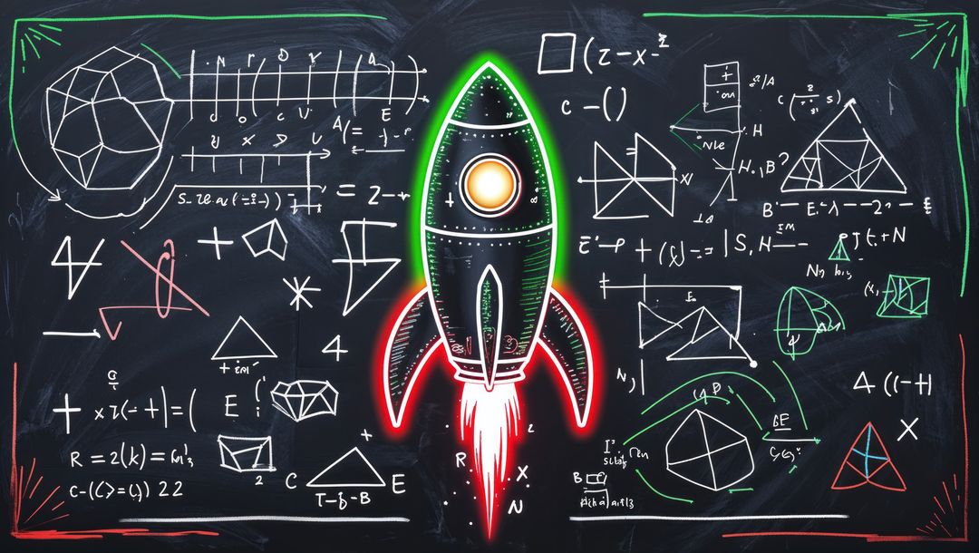 Neon Rocket on Chalkboard with Geometric Formula Diagrams