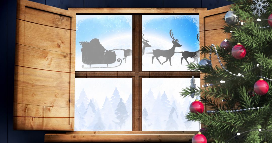Santa's Sleigh Journey Through Winter Wonderland Window View