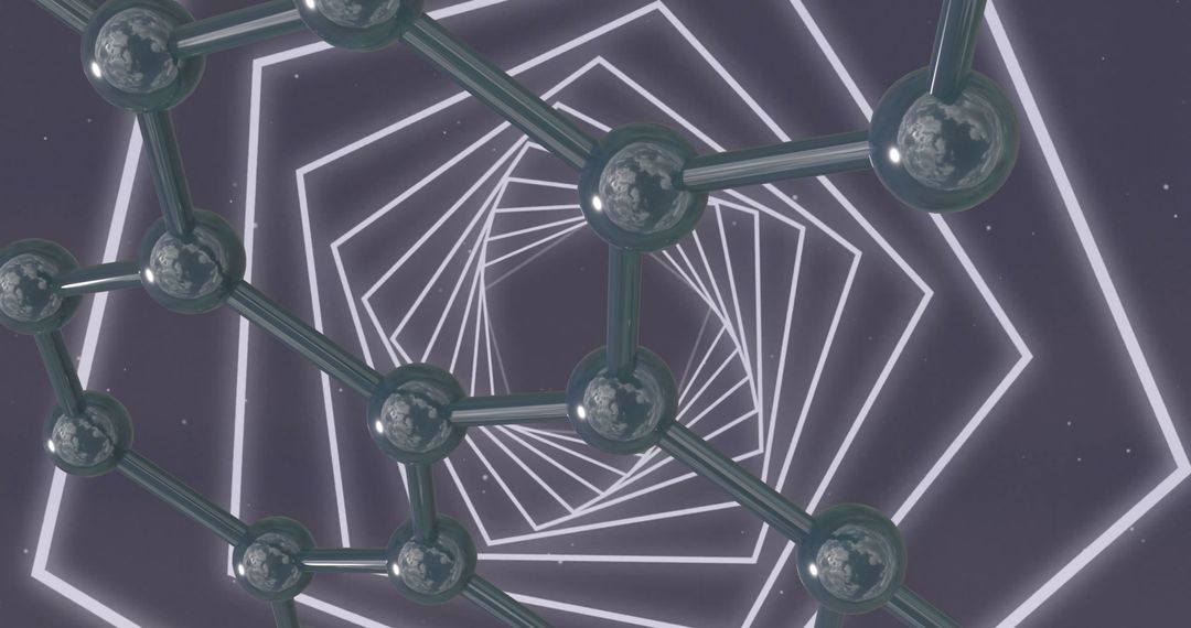 3D Molecular Structure with Futuristic Neon Spiral Tunnel