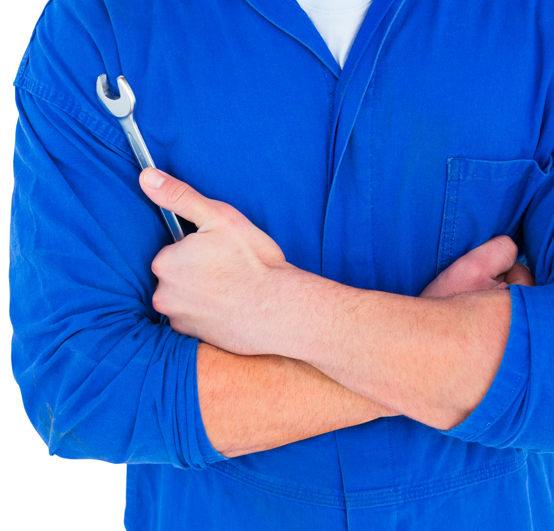 Close-Up of Male Mechanic in Blue Jumpsuit Holding Silver Spanner on Transparent Background - Download Free Stock Images Pikwizard.com