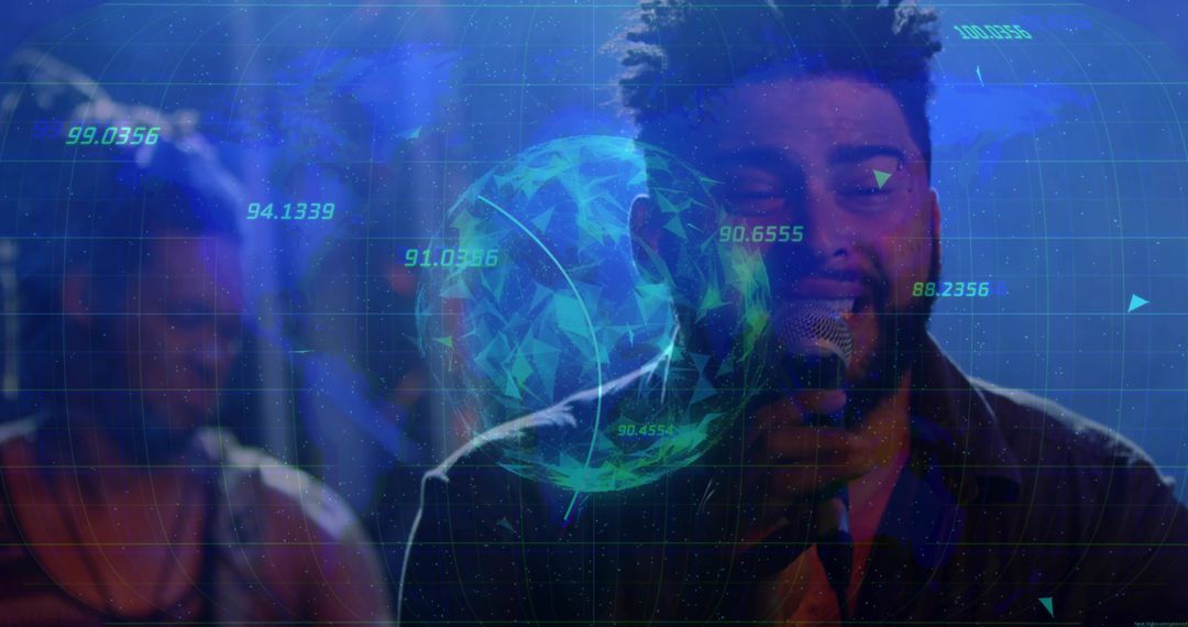 Singer on Stage with Futuristic Graphics and Data Overlay