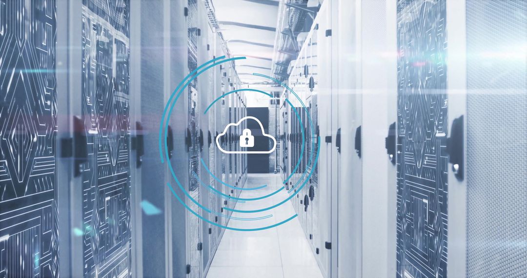 Padlock and Cloud Icon Over Data Servers in Digital Security Concept