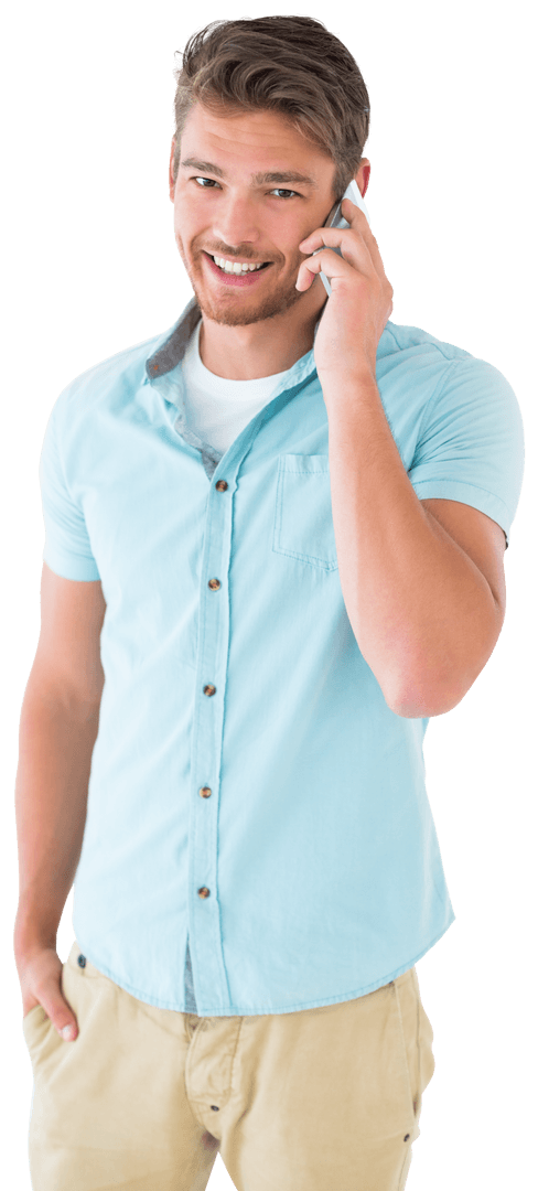 Handsome Young Man Smiling While on Phone Call Transparent Background