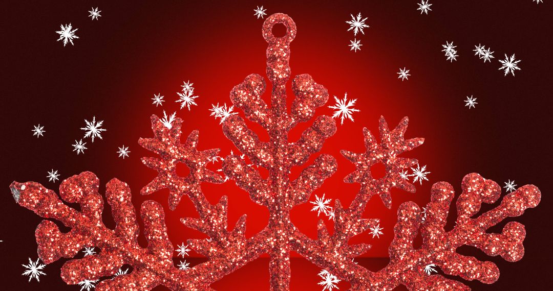 Glittering Snowflake Ornament with Falling Snow on Red
