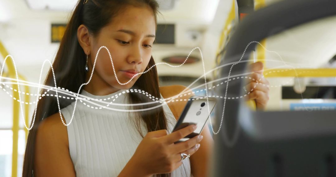 Bus Commute Smartphone Usage with Digital Interface Overlay