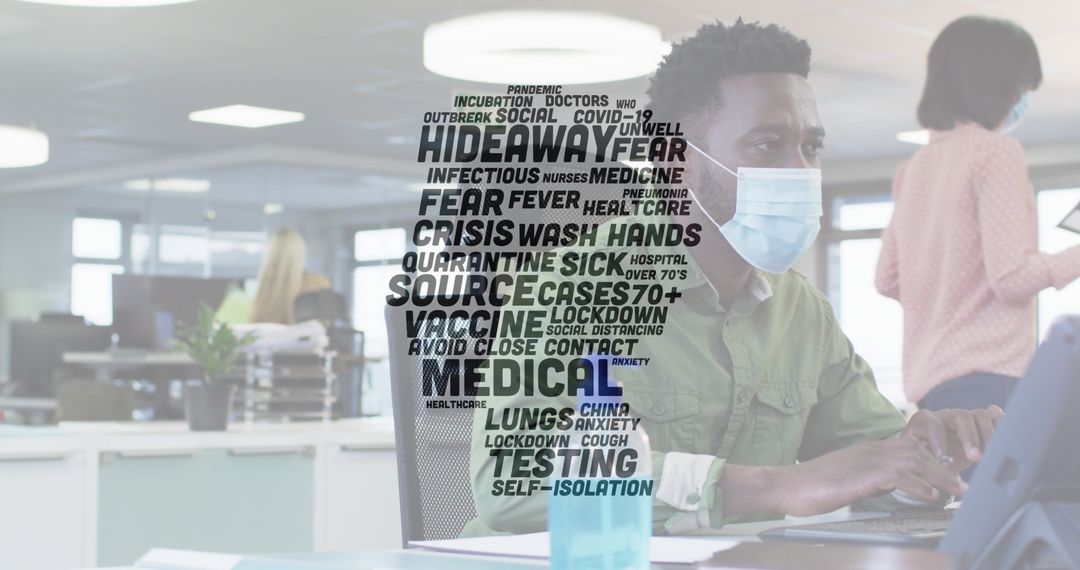 Office Worker Wearing Face Mask with COVID-19 Words Floating