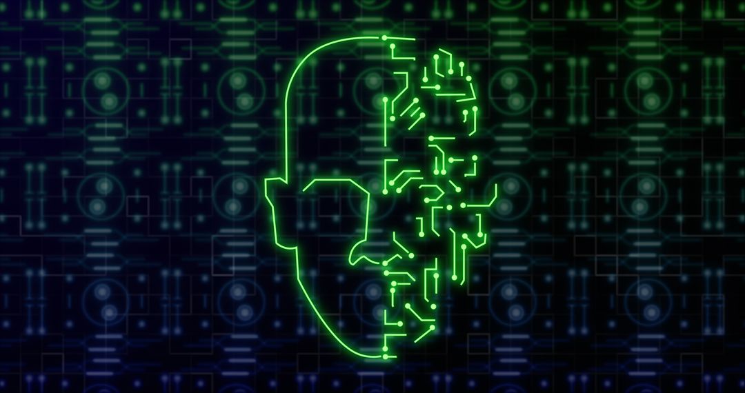 Futuristic Digital Head with Circuitry Background