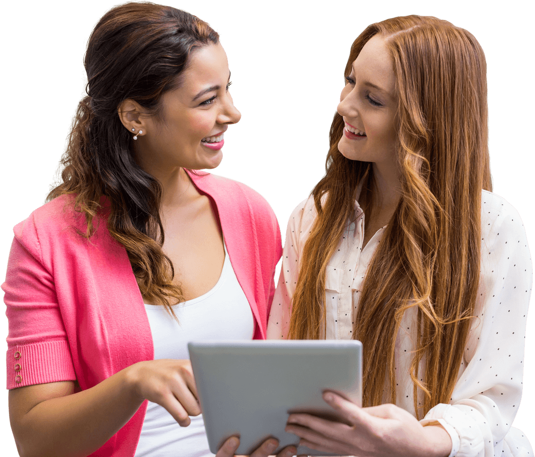 Transparent background displaying businesswomen collaborating with tablet