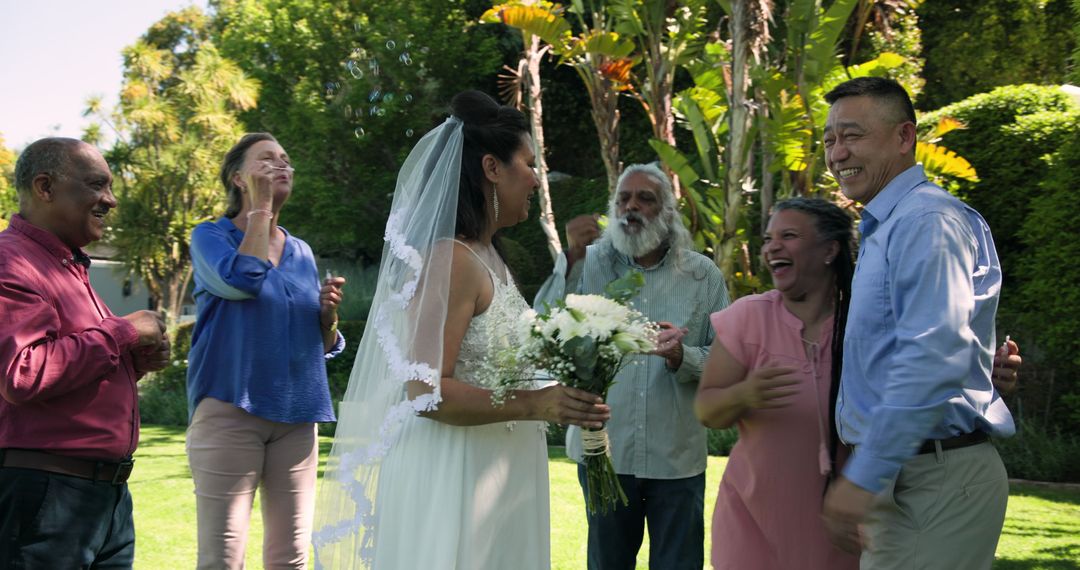 Joyful Senior Wedding Reception in Lush Garden Setting