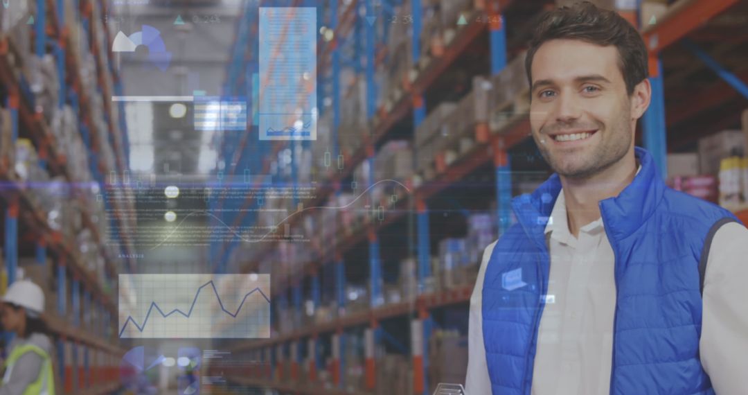 Smiling Employee in Warehouse with Data Visualization Overlay