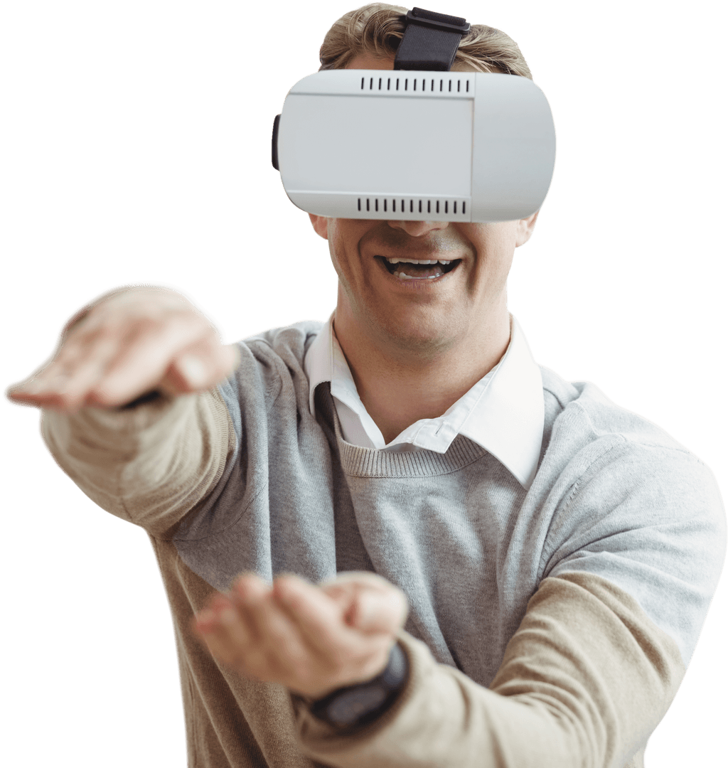 Excited Man Using Transparent Virtual Reality Headset While Smiling