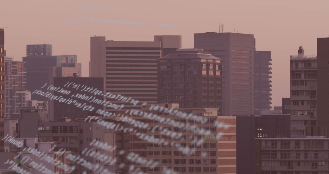 Digital Codes Overlaying Modern Cityscape at Dusk