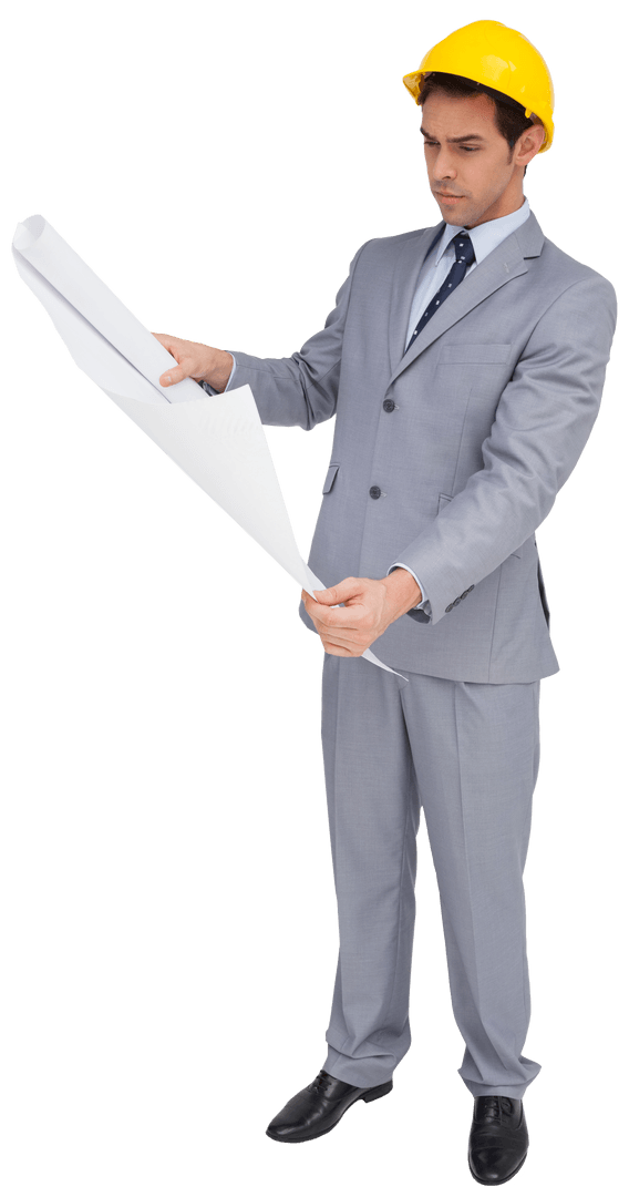 Architect Analyzing Blueprint Wearing Hard Hat on Transparent Background
