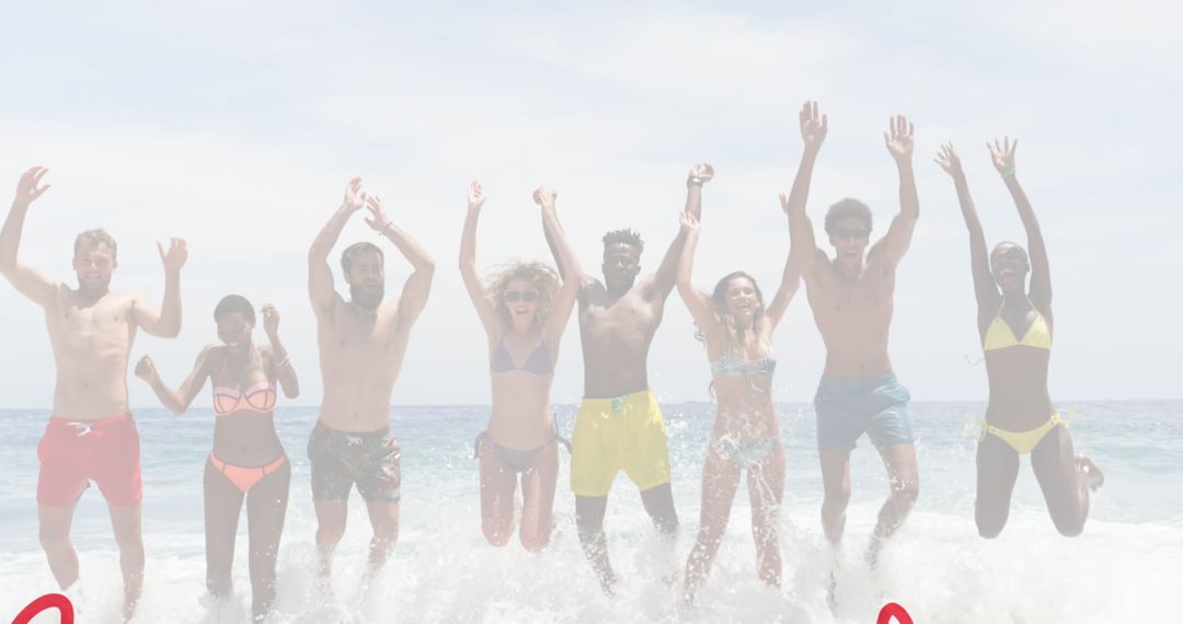 Joyful Group of Friends Jumping at Sunny Beach with Red Heart Illustrations