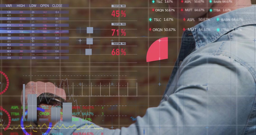 Man Analyzing Financial Data on Smartwatch Holographic Display