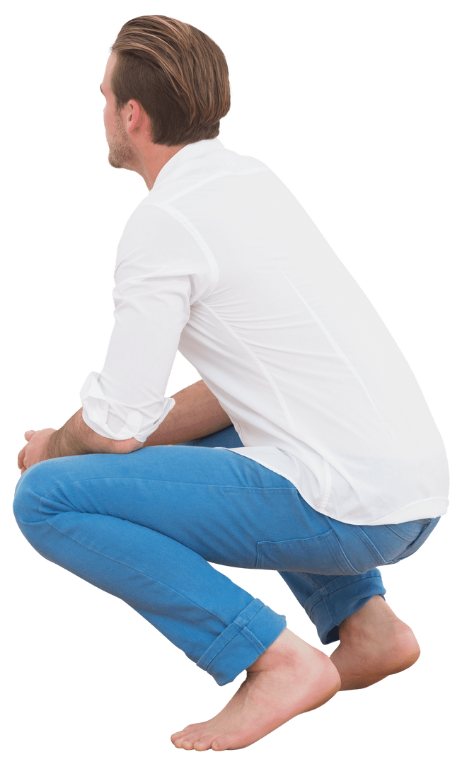 Back View of Man Crouching in White Shirt Isolated on Transparent Background