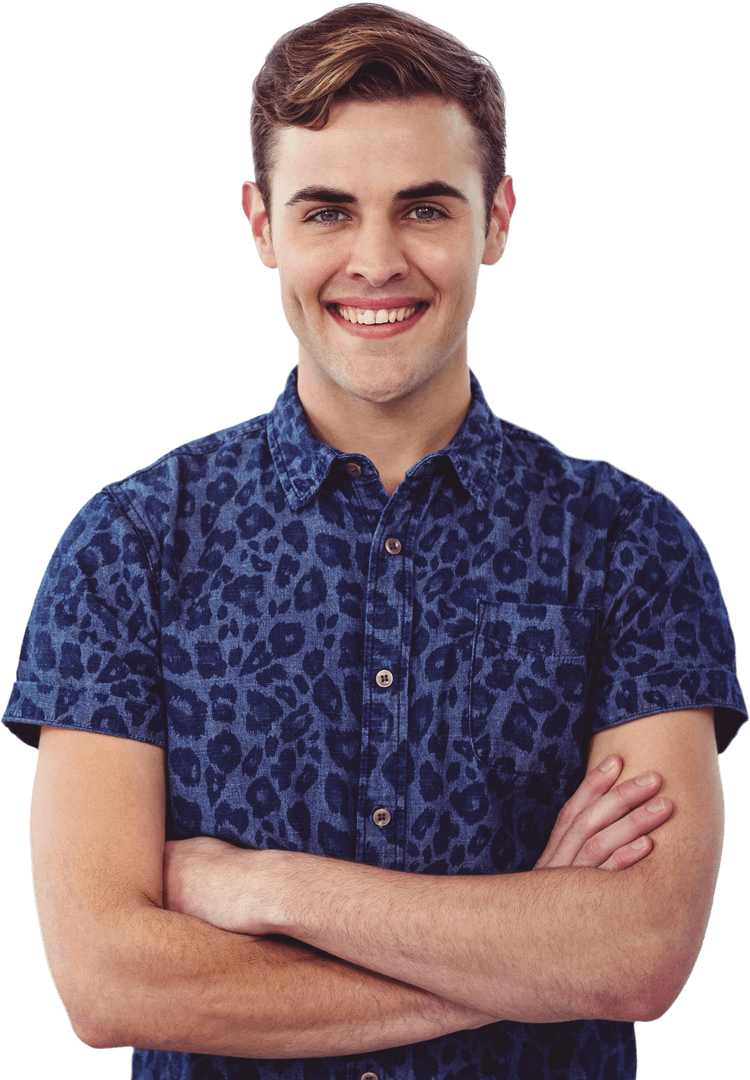 Smiling Caucasian Man in Blue Leopard Print Shirt on Transparent Background