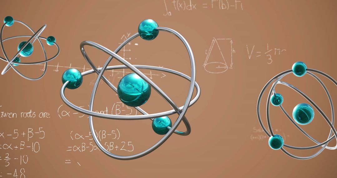 3d atom models floating over mathematical formulas on background
