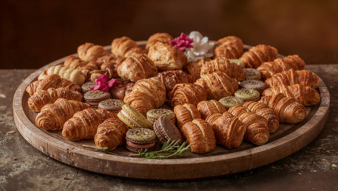 Showcasing assorted mini croissants and macarons on rustic wooden platter with rosemary and flowers