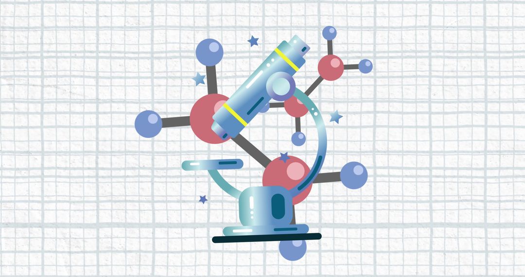 Digital Illustration of Microscope with Molecules on Grid Background