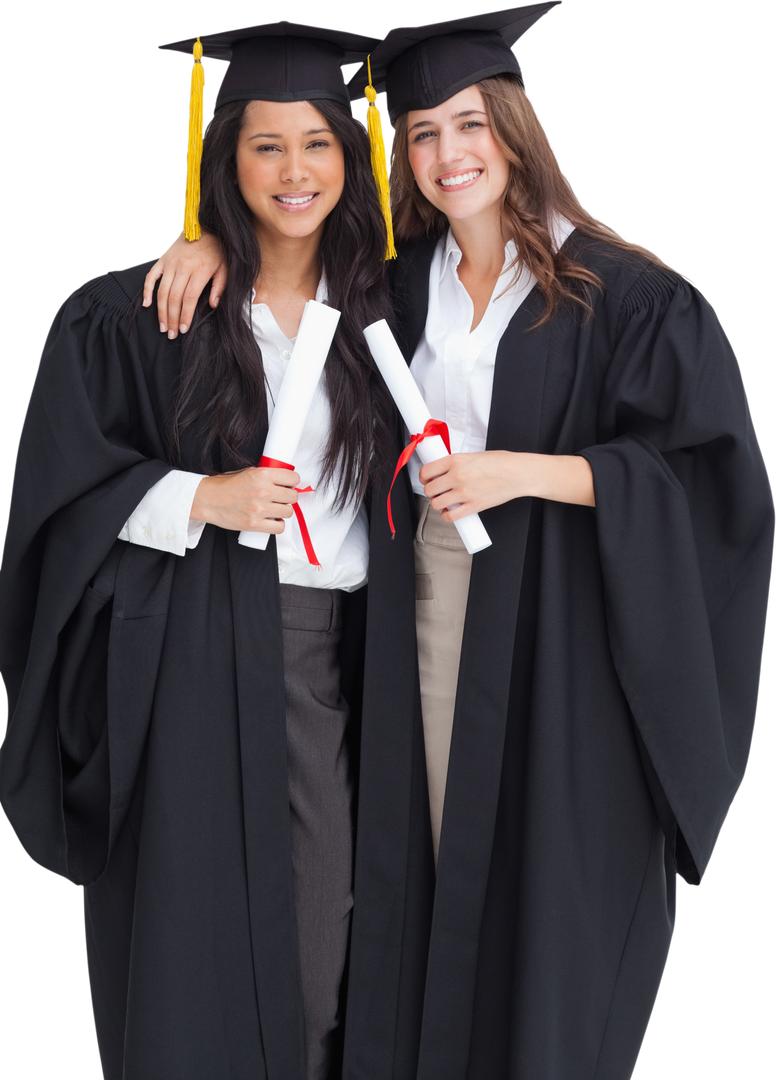 Two Women Graduates Embracing with Diplomas on Transparent Background - Download Free Stock Images Pikwizard.com