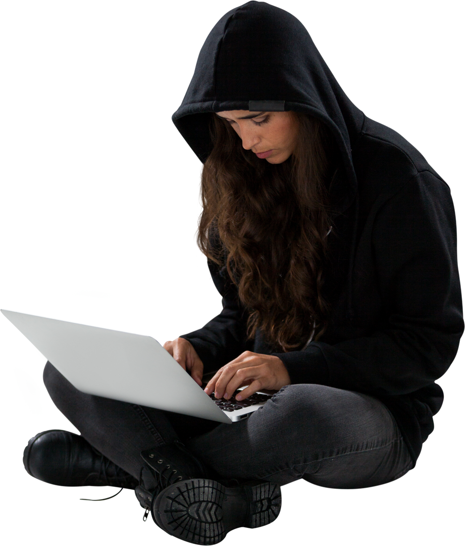 Serious Female Hacker Sitting with Laptop on Transparent Background - Download Free Stock Images Pikwizard.com