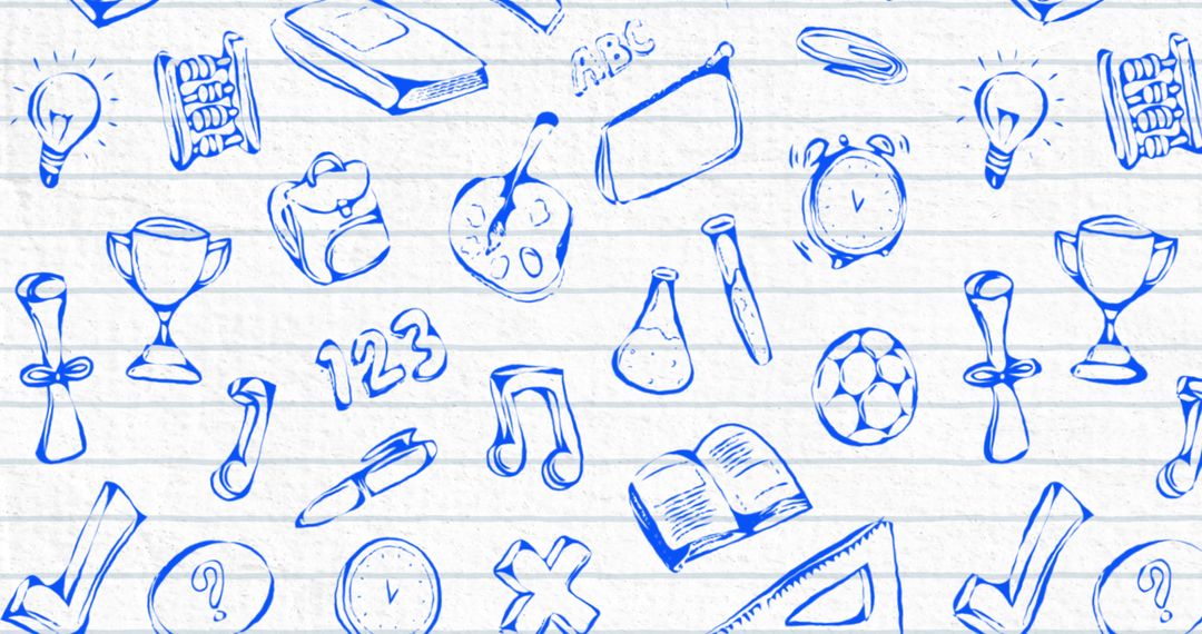 Hand-Drawn School and Education Icons with Lined Notebook Background