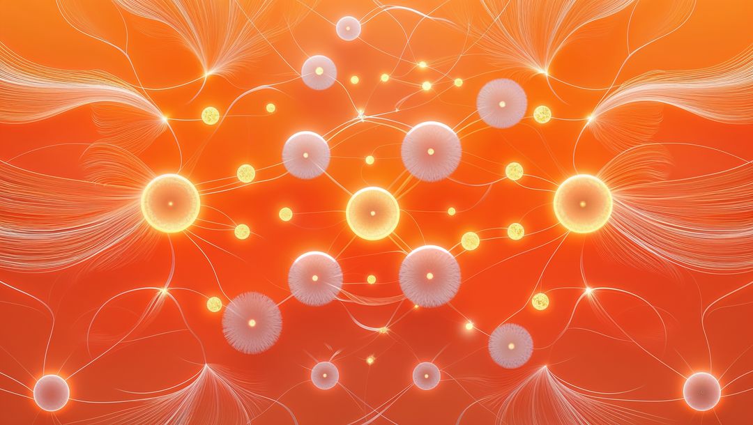 Futuristic Network with Glowing Nodes and Strands Over Orange Gradient