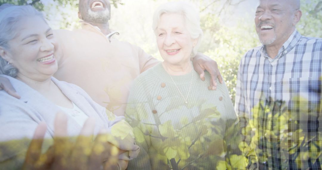 Joyful Senior Friends Gathering in Lush Garden