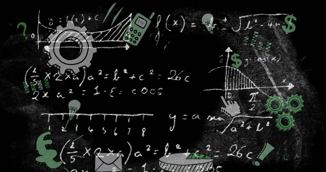 Mathematical Equations and Financial Icons on Abstract Tech Background