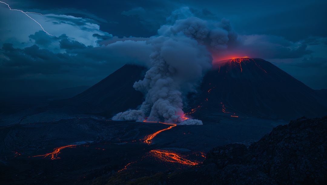 Dramatic Volcanic Eruption with Lightning and Lava Flows at Night