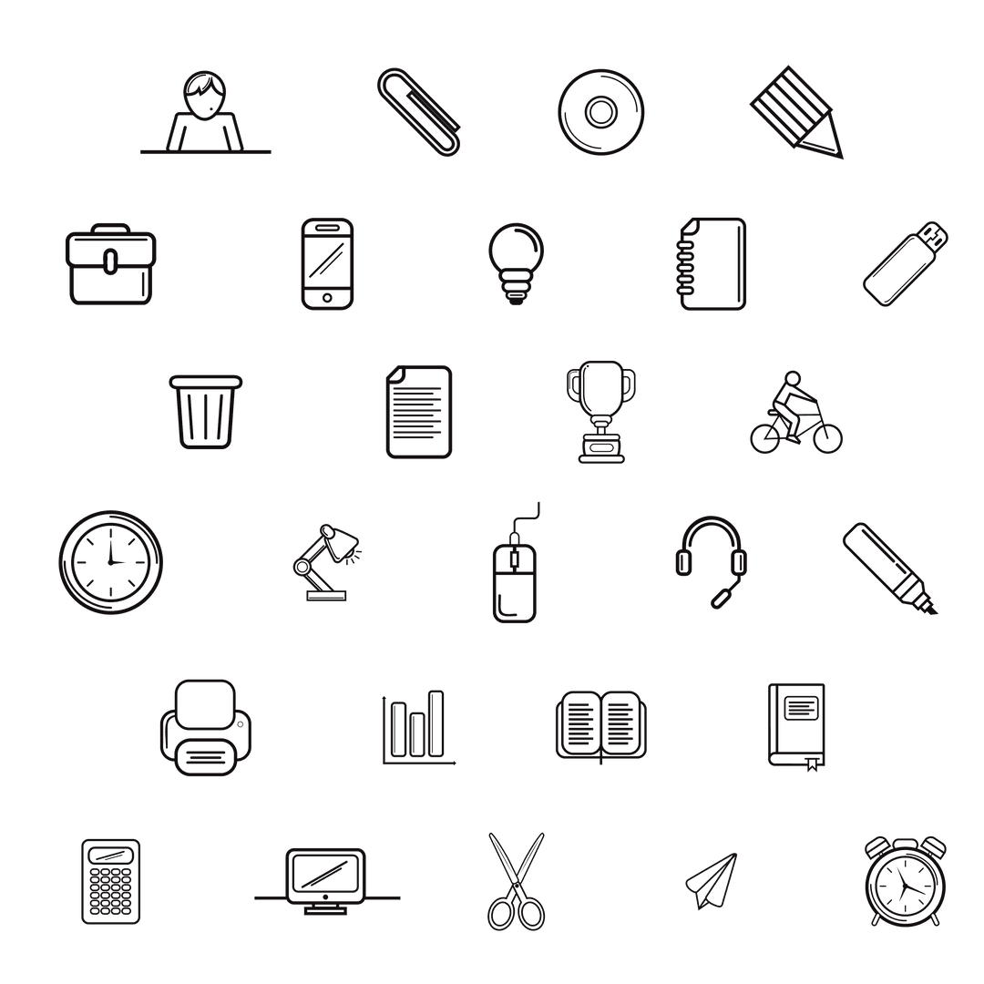 Transparent Black Vector Icons for Office and Communication Design