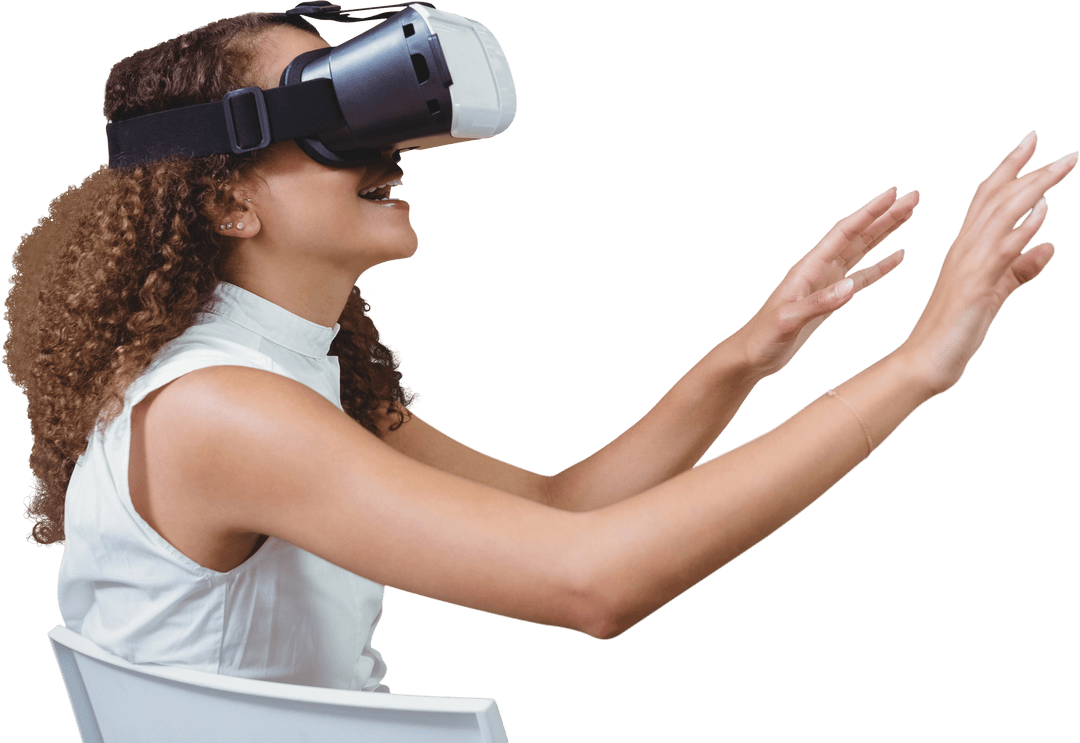 Smiling Woman Enjoying Virtual Reality Experience with Transparent Background