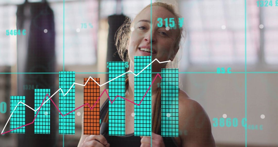 Empowered Woman in Gym with Boxing Gloves and Data Overlay