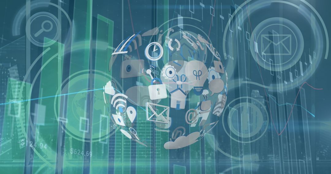 Global Technology Interface with Spinning Icons and Financial Graph