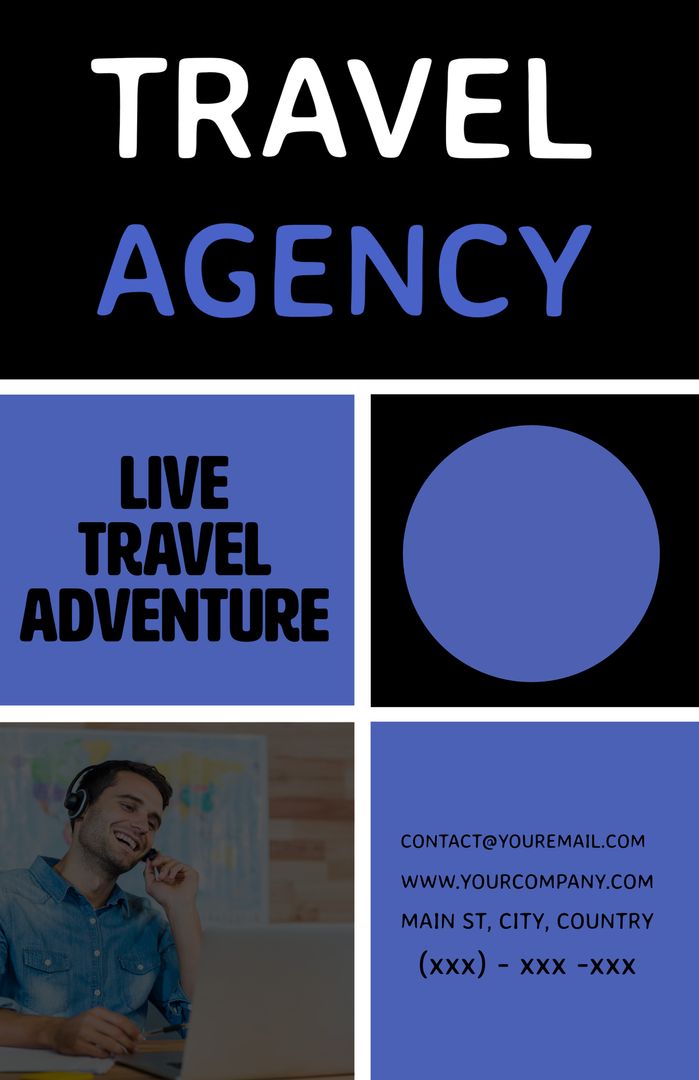 Professional Travel Agent Smiling With Headset on Blue Marketing Poster