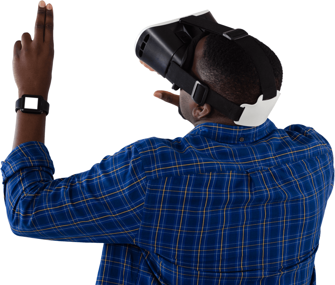 Transparent Background Man Using VR Headset and Gesturing