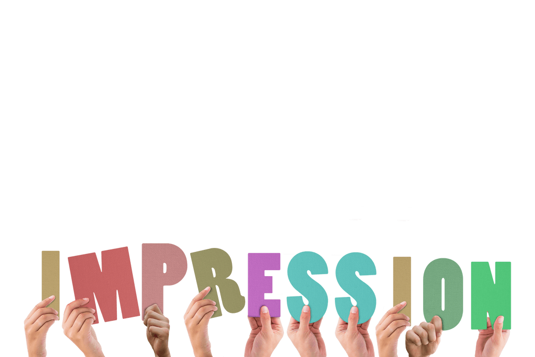 Hands Holding Transparent Colorful Letters Spelling 'Impression'
