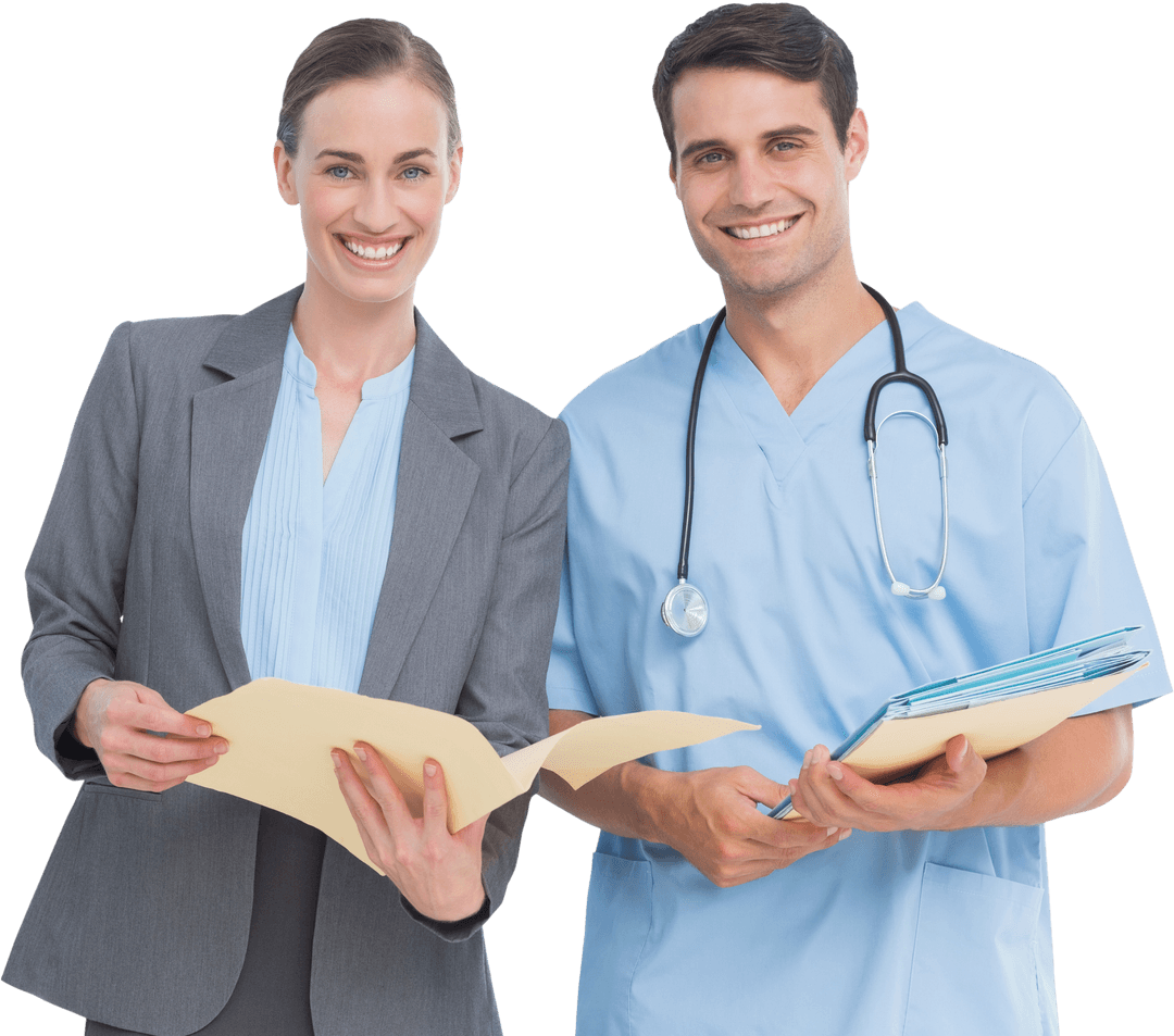 Smiling Medical Professionals Holding Transparent Files