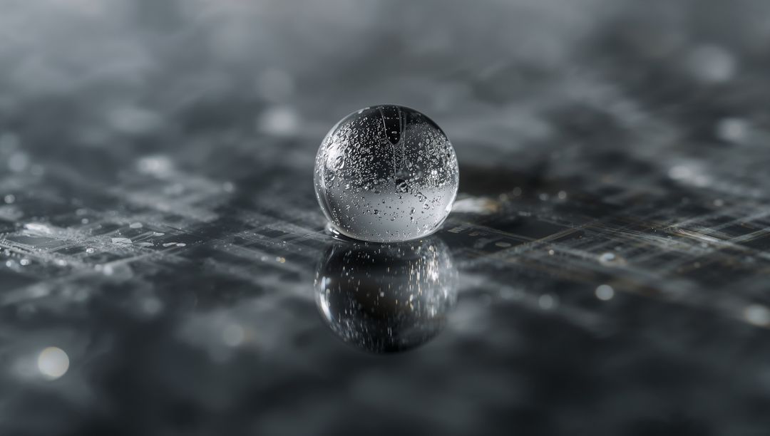 Macro Glass Sphere Reflecting Circuit Grid, Bubble-Filled Orb on Dark Reflective Surface