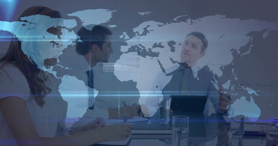 Business Team in Meeting with World Map Digital Interface