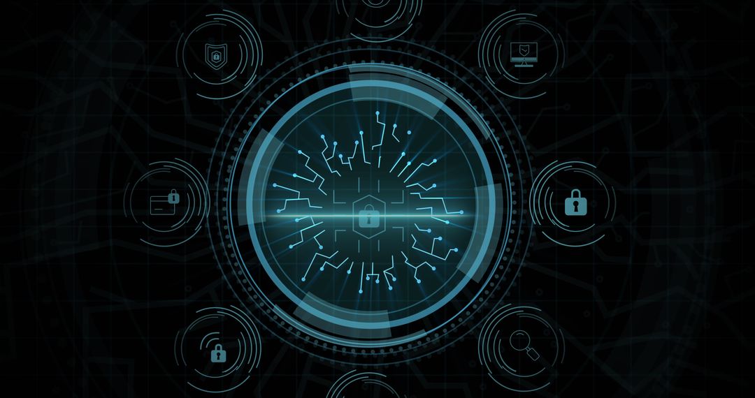 Futuristic Cybersecurity Interface with Digital Protection Icons