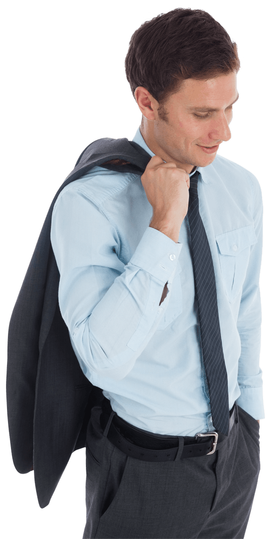 Transparent Smiling Businessman Holding Suit Jacket Shoulder