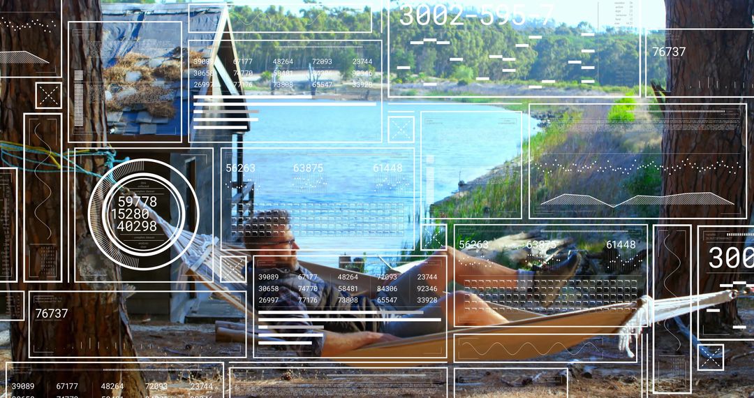 Man Relaxing in Hammock Overlaid with Futuristic HUD