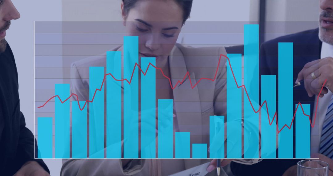 Team Collaboration at Business Meeting with Data Charts Overlay