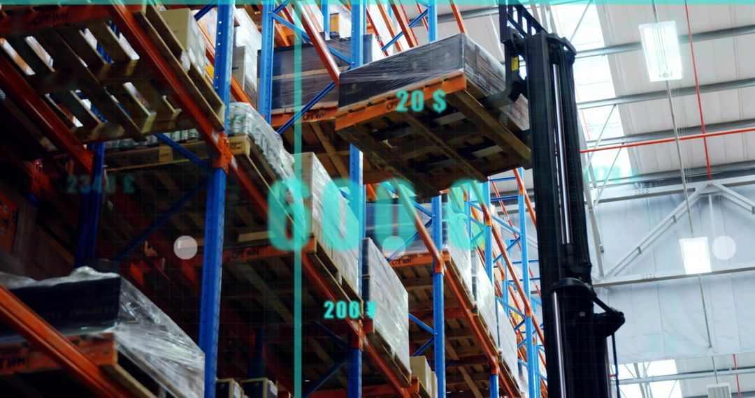 Forklift Lifting Pallet to High Rack with Teal Data Overlay for Smart Warehouse Logistics