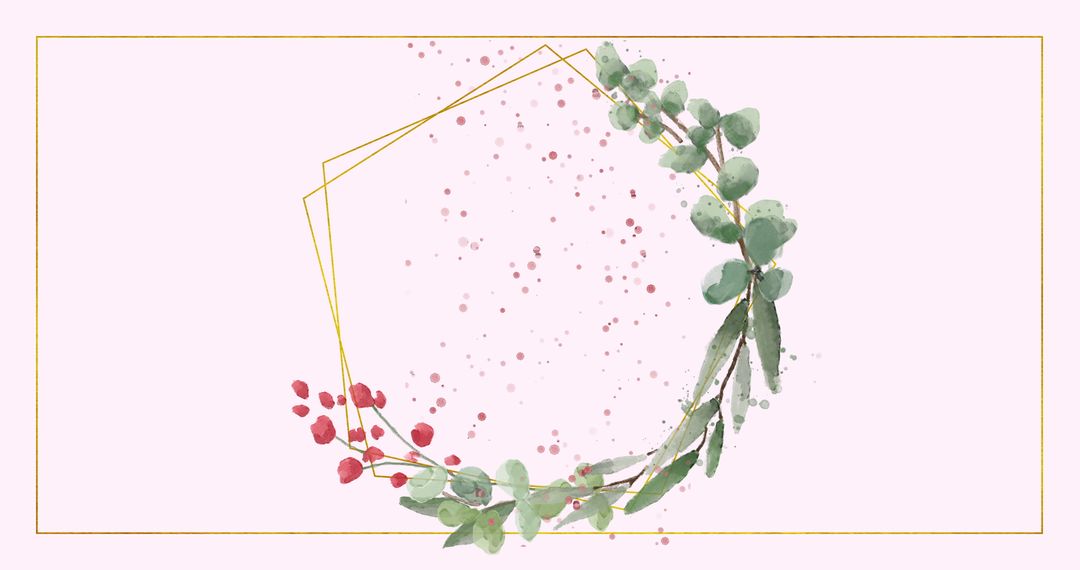 Elegant Botanical Hexagon Frame with Florals and Pink Particles