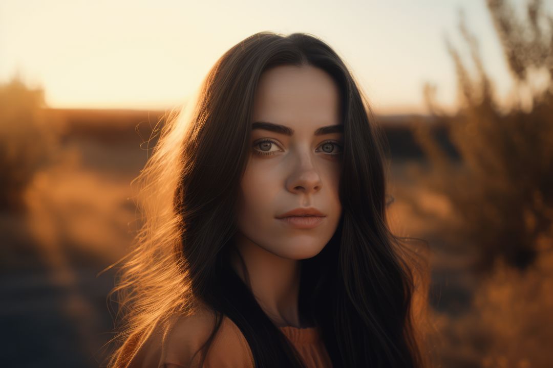 Young Woman with Long Hair in Sunlit Countryside at Sunset - Free Images, Stock Photos and Pictures on Pikwizard.com